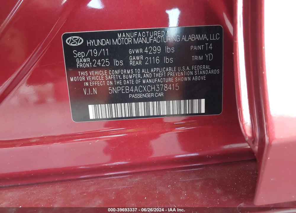 2012 HYUNDAI SONATA GLS VIN: 5NPEB4ACXCH378415