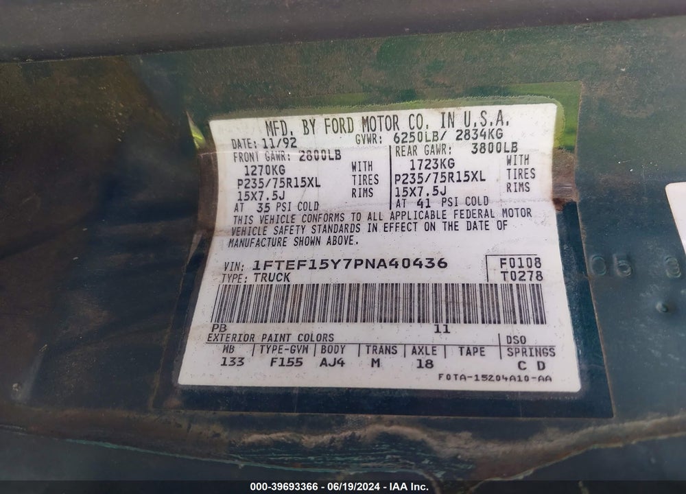 1993 FORD F150 VIN: 1FTEF15Y7PNA40436