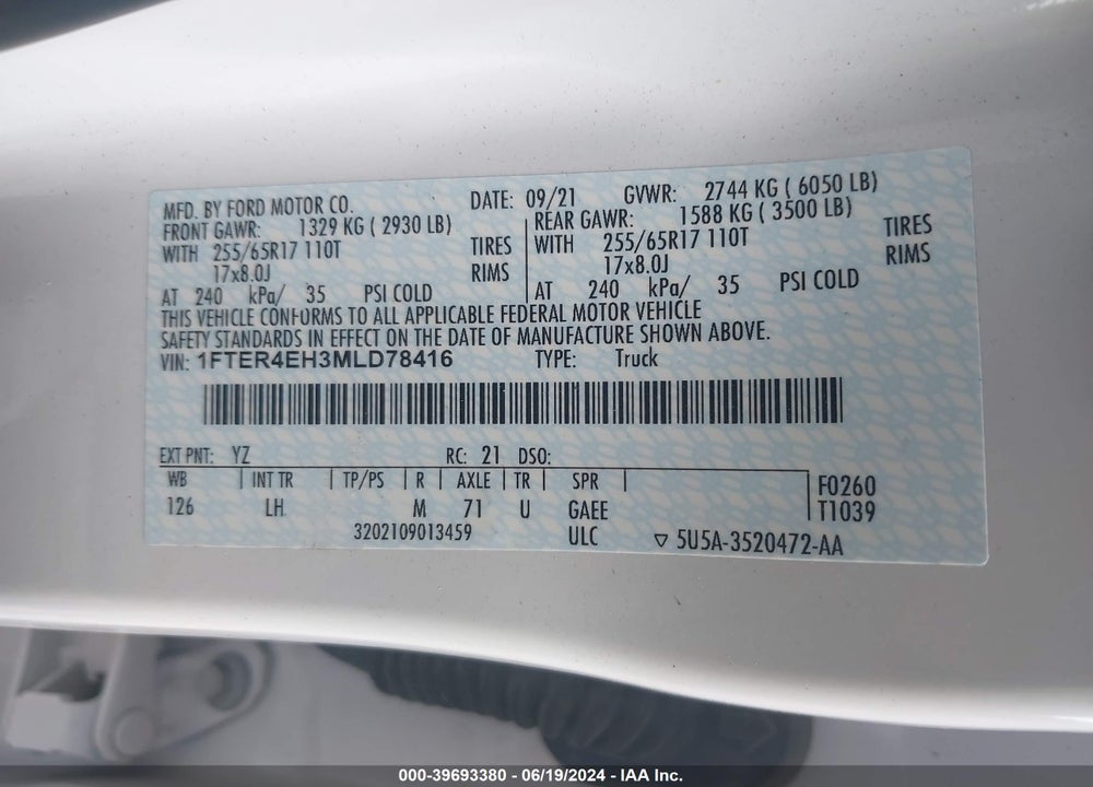 2021 FORD RANGER XLT VIN: 1FTER4EH3MLD78416