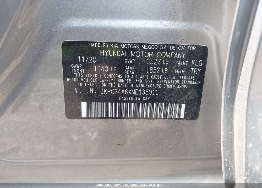 2021 HYUNDAI ACCENT SEL VIN: 3KPC24A6XME135016