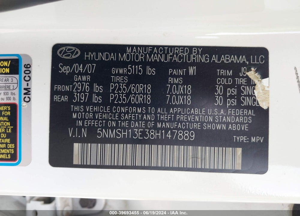 2008 HYUNDAI SANTA FE LIMITED/SE VIN: 5NMSH13E38H147889