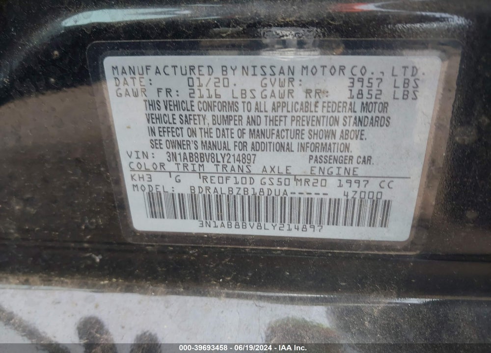 2020 NISSAN SENTRA S XTRONIC CVT VIN: 3N1AB8BV8LY214897