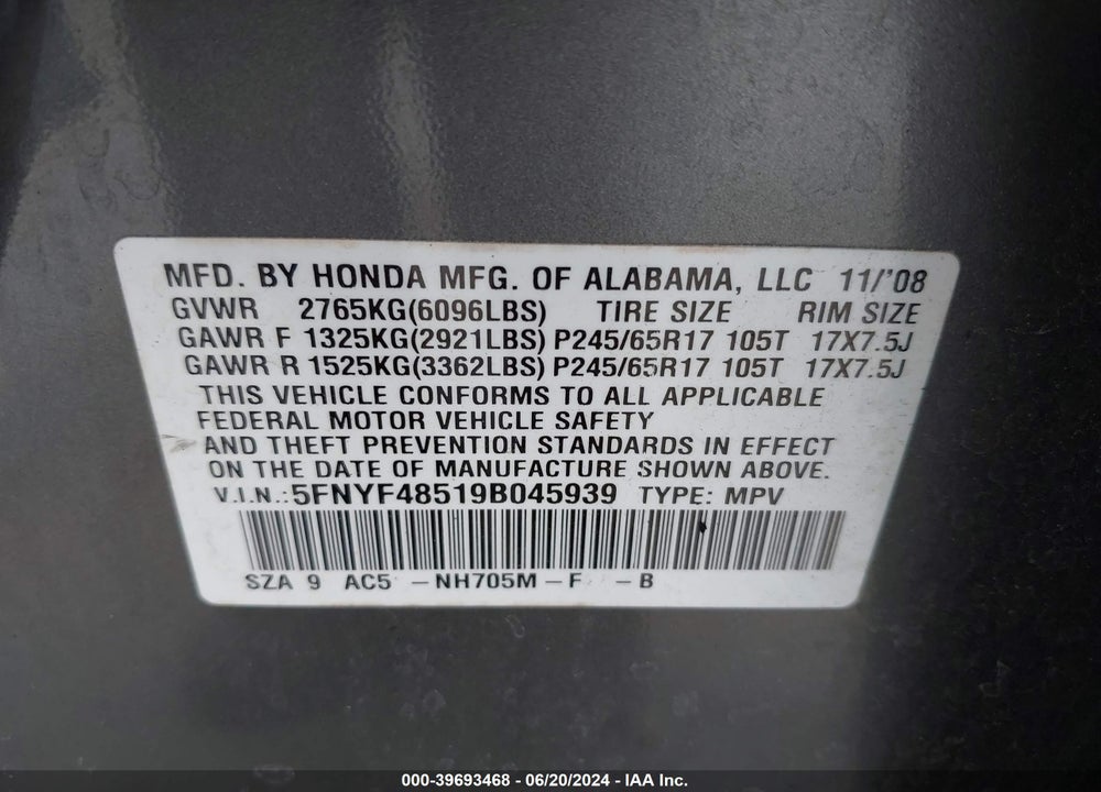 2009 HONDA PILOT EX-L VIN: 5FNYF48519B045939
