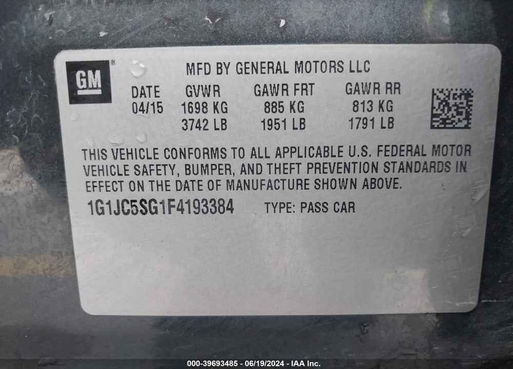2015 CHEVROLET SONIC LT AUTO VIN: 1G1JC5SG1F4193384