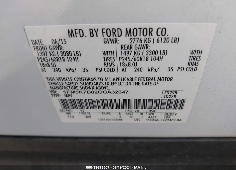 2016 FORD EXPLORER XLT VIN: 1FM5K7D82GGA32647