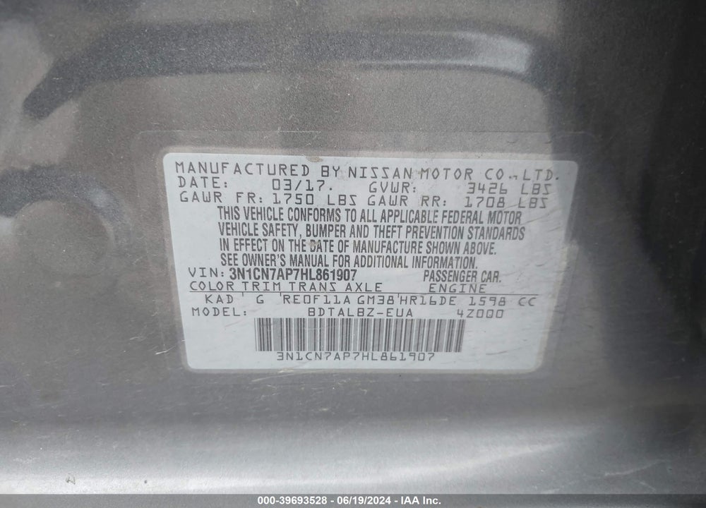 2017 NISSAN VERSA 1.6 SV VIN: 3N1CN7AP7HL861907
