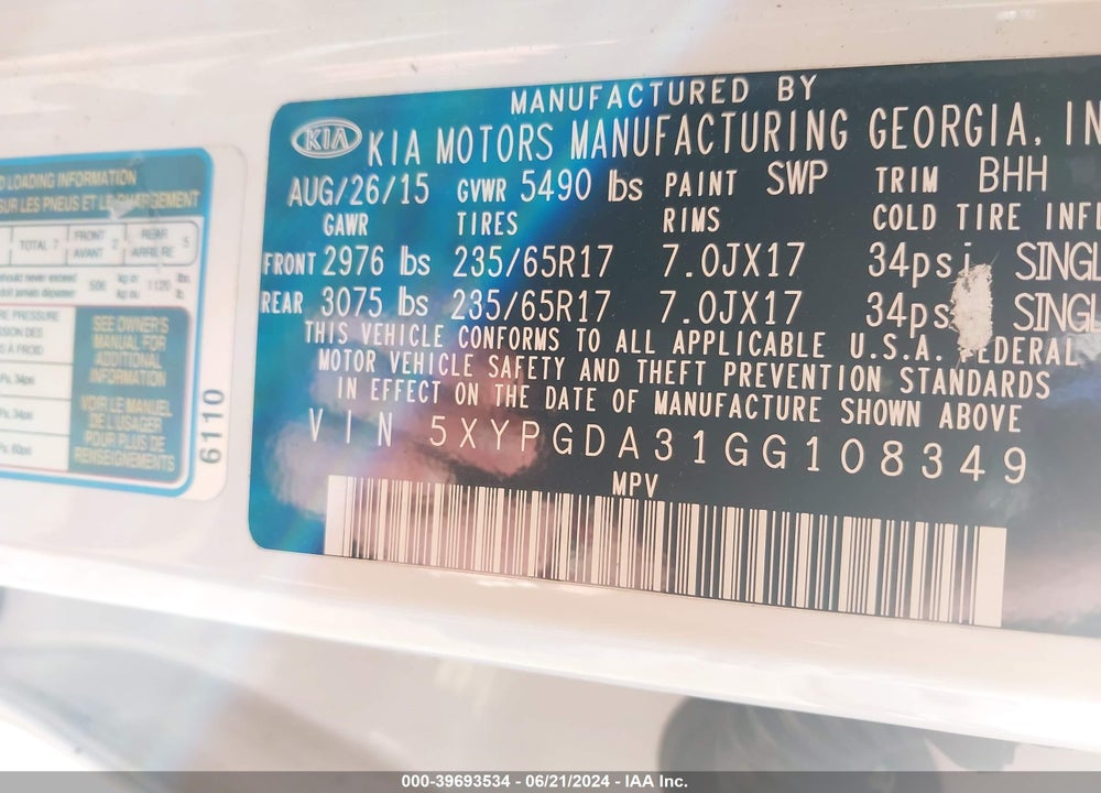 2016 KIA SORENTO 2.4L LX VIN: 5XYPGDA31GG108349