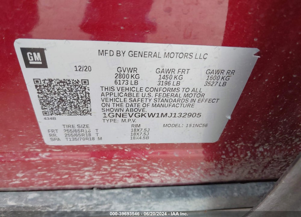 2021 CHEVROLET TRAVERSE AWD LT CLOTH VIN: 1GNEVGKW1MJ132905