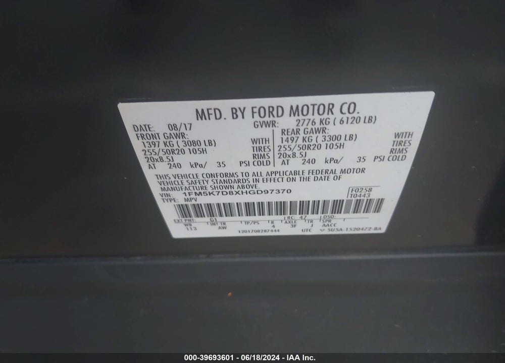 2017 FORD EXPLORER XLT VIN: 1FM5K7D8XHGD97370