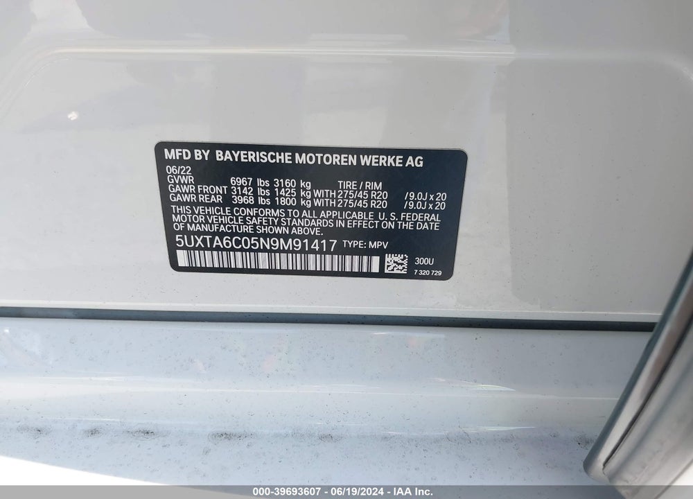 2022 BMW X5 PHEV XDRIVE45E VIN: 5UXTA6C05N9M91417