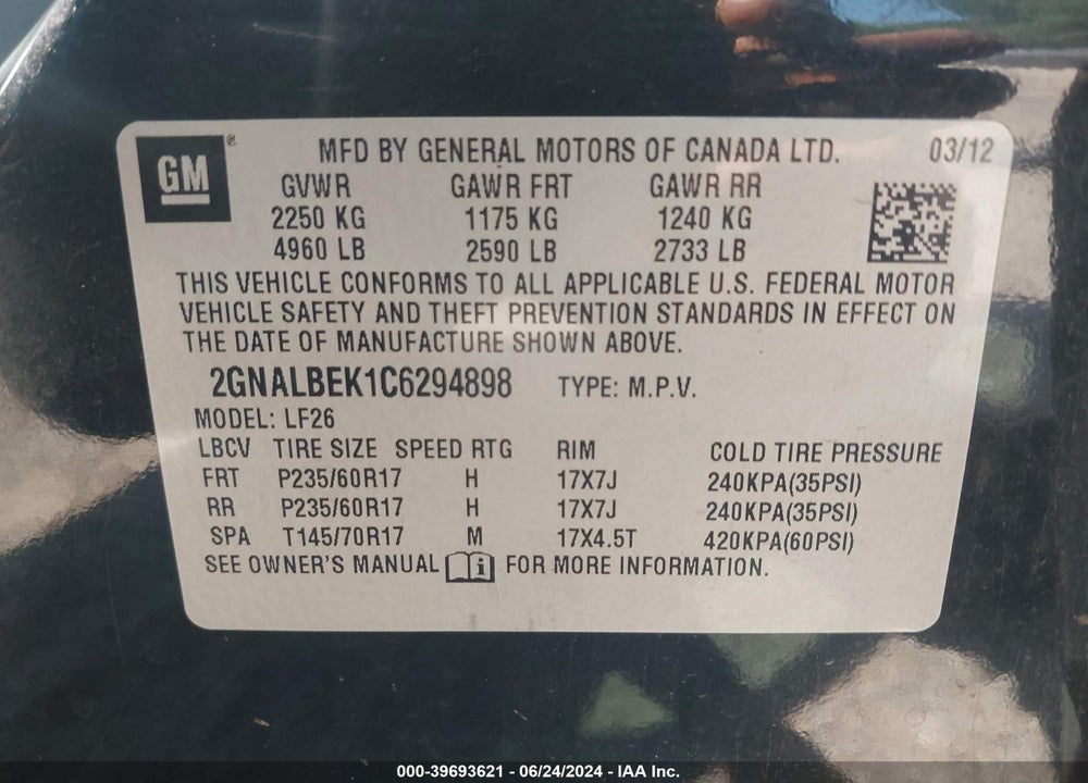 2012 CHEVROLET EQUINOX LS VIN: 2GNALBEK1C6294898