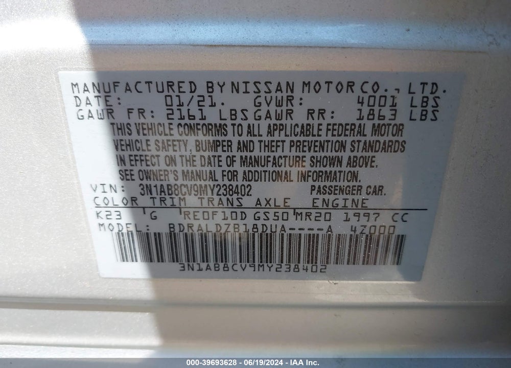 2021 NISSAN SENTRA SV XTRONIC CVT VIN: 3N1AB8CV9MY238402