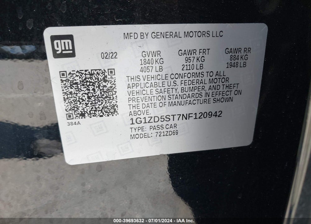 2022 CHEVROLET MALIBU FWD LT VIN: 1G1ZD5ST7NF120942