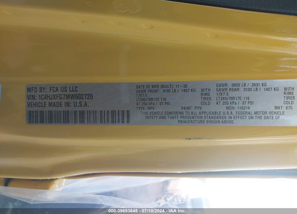 2021 JEEP WRANGLER UNLIMITED RUBICON 4X4 VIN: 1C4HJXFG7MW602720