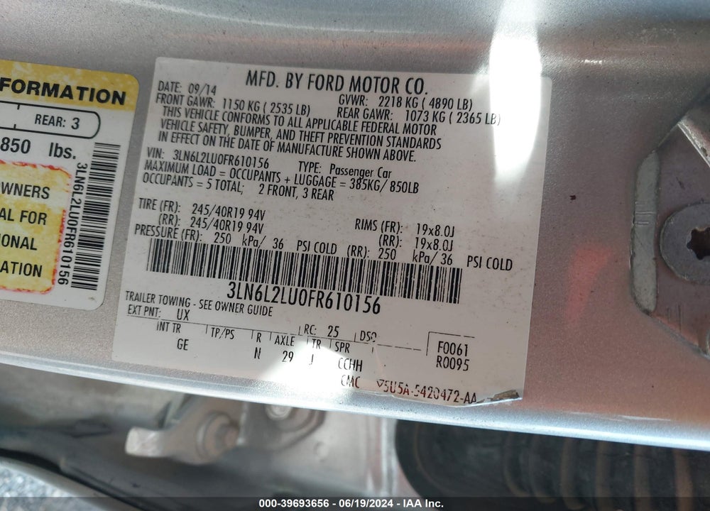 2015 LINCOLN MKZ HYBRID VIN: 3LN6L2LU0FR610156