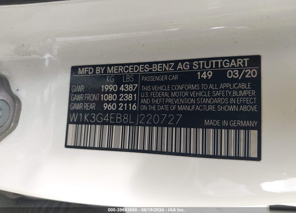 2020 MERCEDES-BENZ A 220 VIN: W1K3G4EB8LJ220727