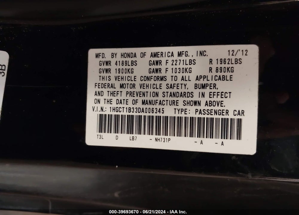 2013 HONDA ACCORD LX-S VIN: 1HGCT1B33DA006345
