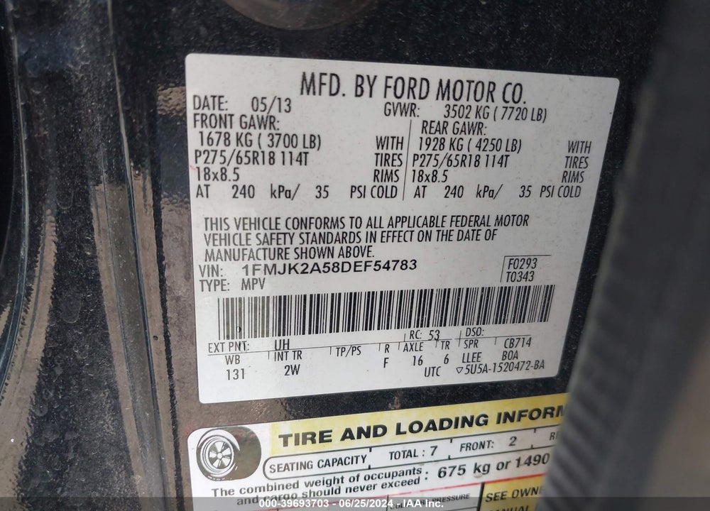 2013 FORD EXPEDITION EL LIMITED VIN: 1FMJK2A58DEF54783