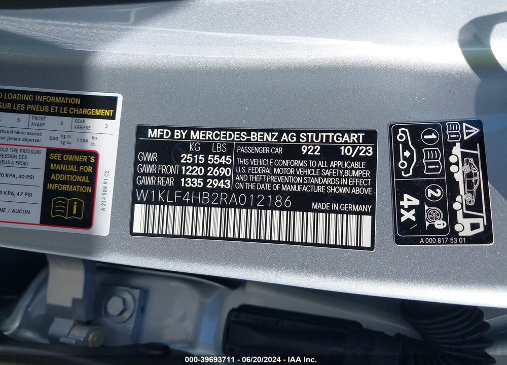 2024 MERCEDES-BENZ E 350 VIN: W1KLF4HB2RA012186