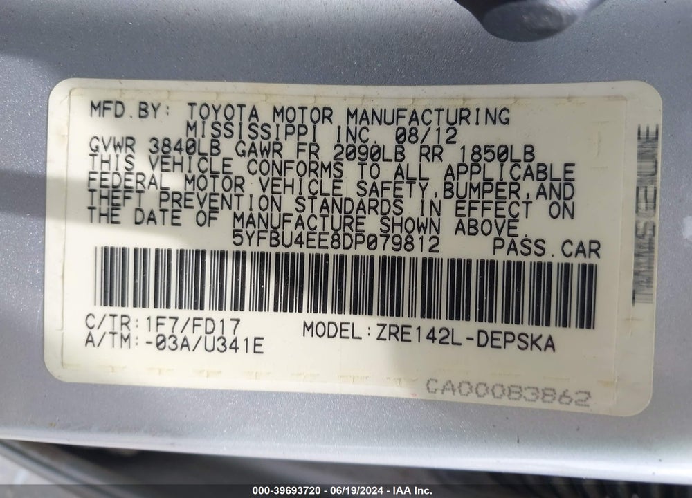 2013 TOYOTA COROLLA S VIN: 5YFBU4EE8DP079812
