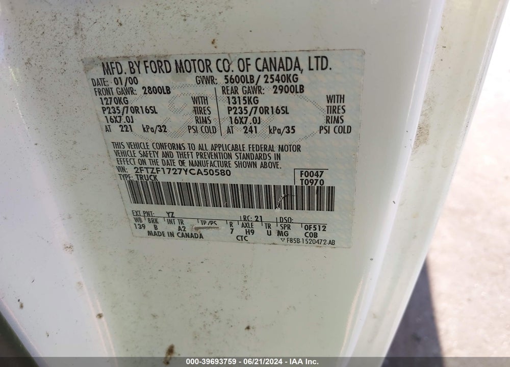 2000 FORD F-150 WORK SERIES/XL/XLT VIN: 2FTZF1727YCA50580