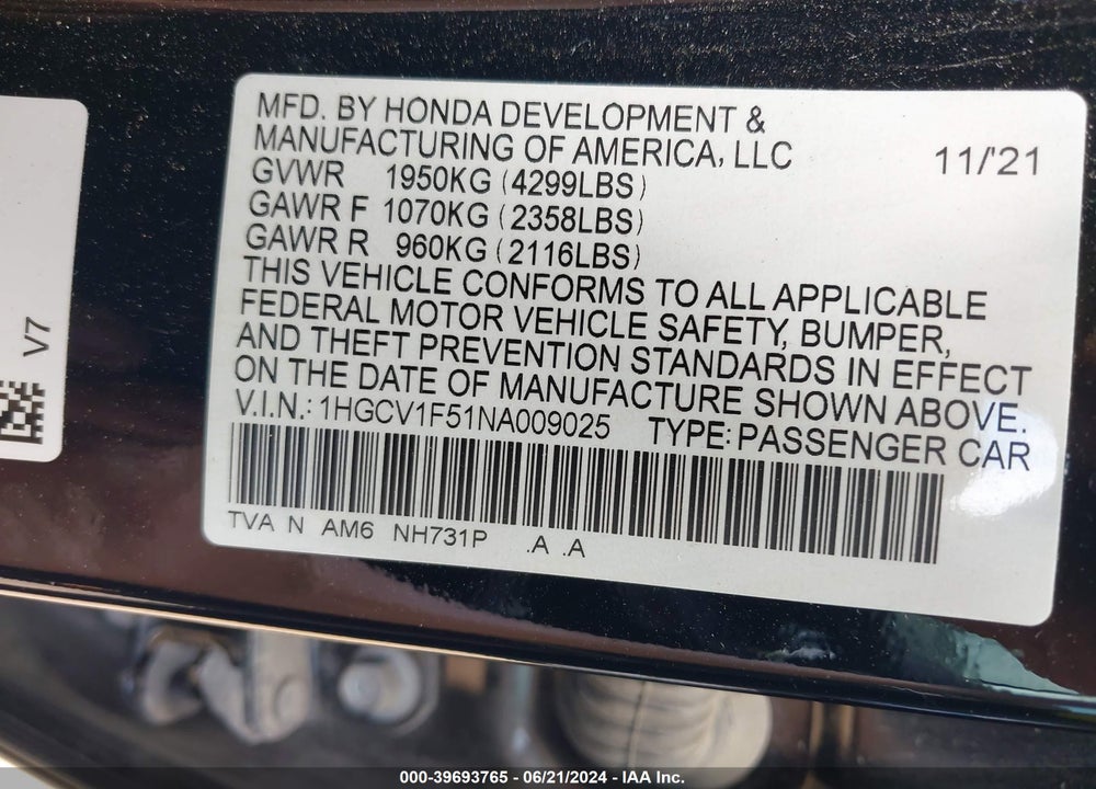 2022 HONDA ACCORD VIN: 1HGCV1F51NA009025