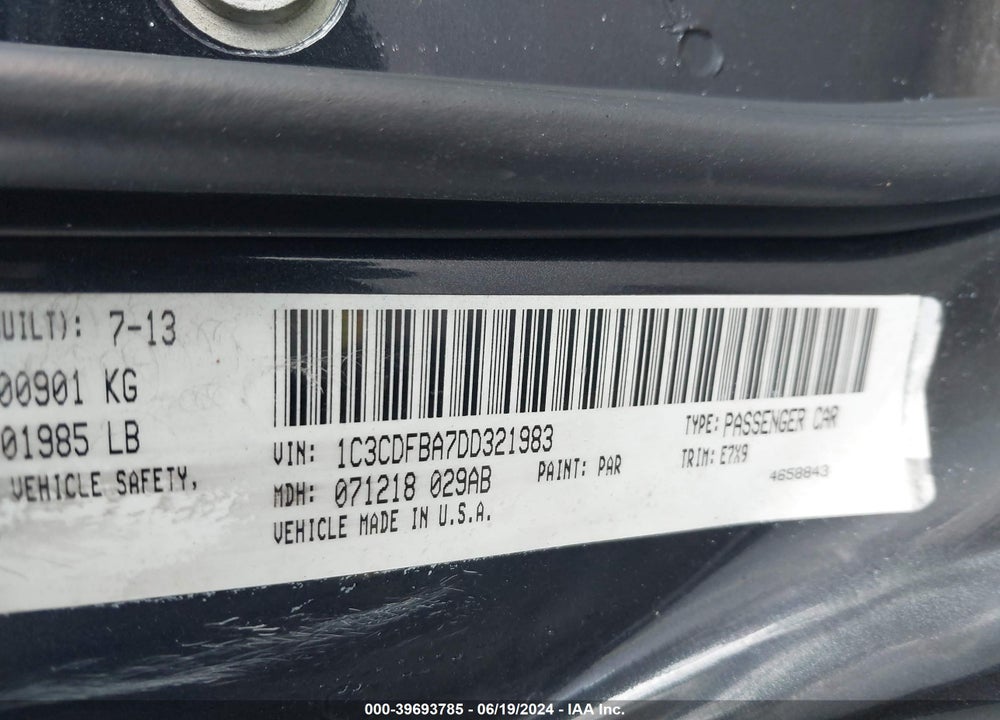 2013 DODGE DART SXT VIN: 1C3CDFBA7DD321983