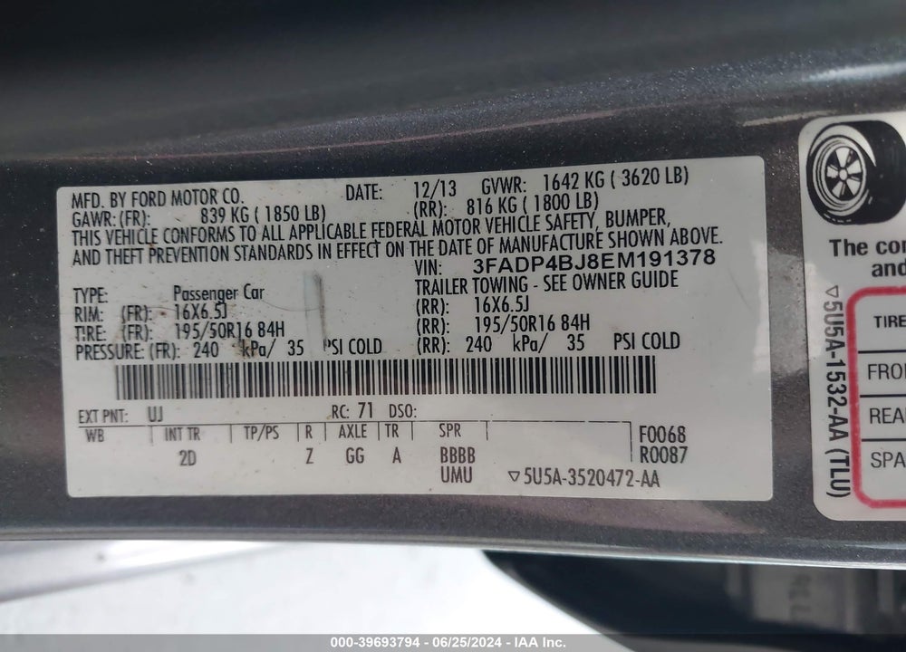 2014 FORD FIESTA SE VIN: 3FADP4BJ8EM191378
