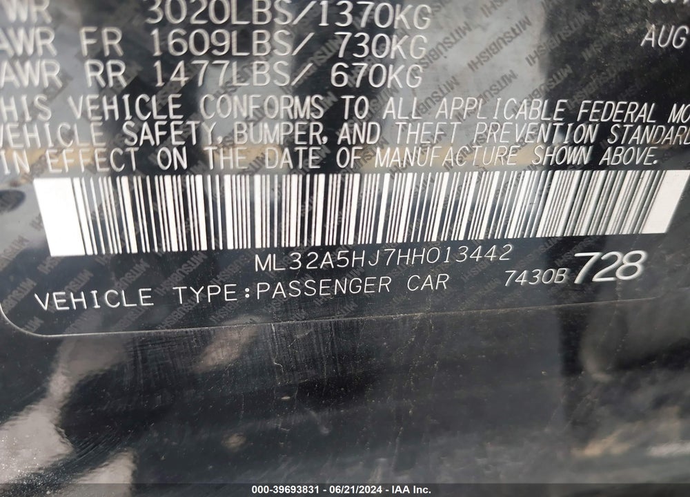 2017 MITSUBISHI MIRAGE VIN: ML32A5HJ7HH013442