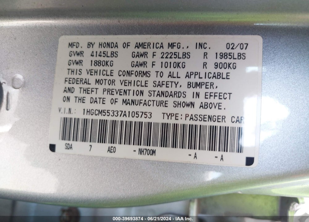 2007 HONDA ACCORD 2.4 SE VIN: 1HGCM55337A105753