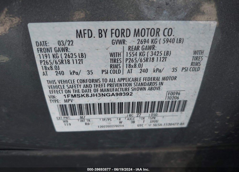 2022 FORD EXPLORER TIMBERLINE VIN: 1FMSK8JH3NGA98392