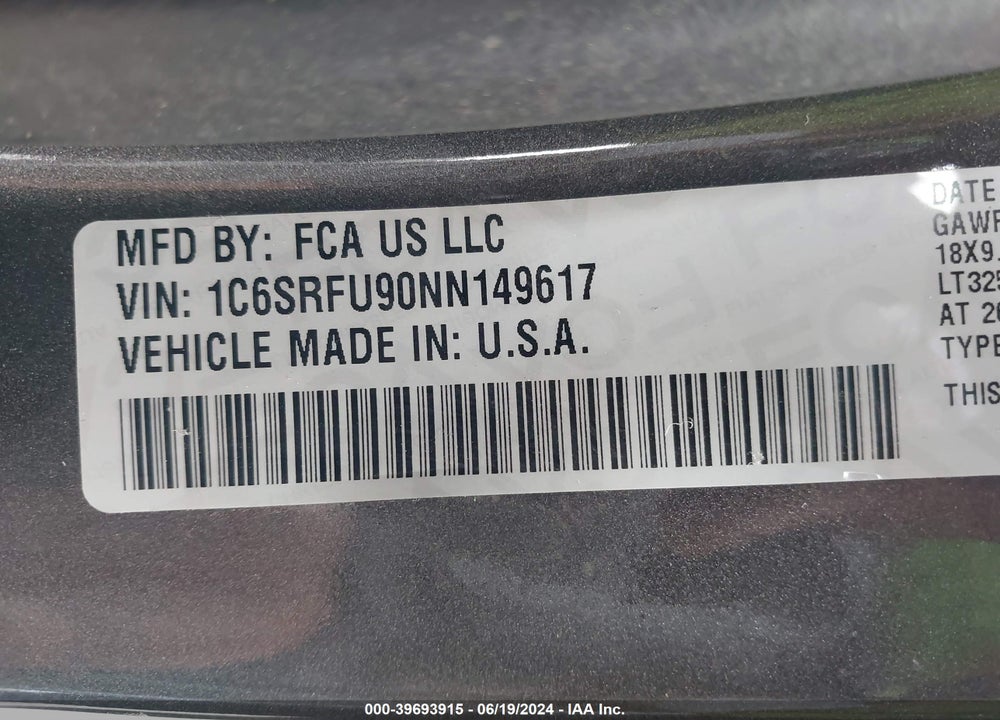 2022 RAM 1500 VIN: 1C6SRFU90NN149617