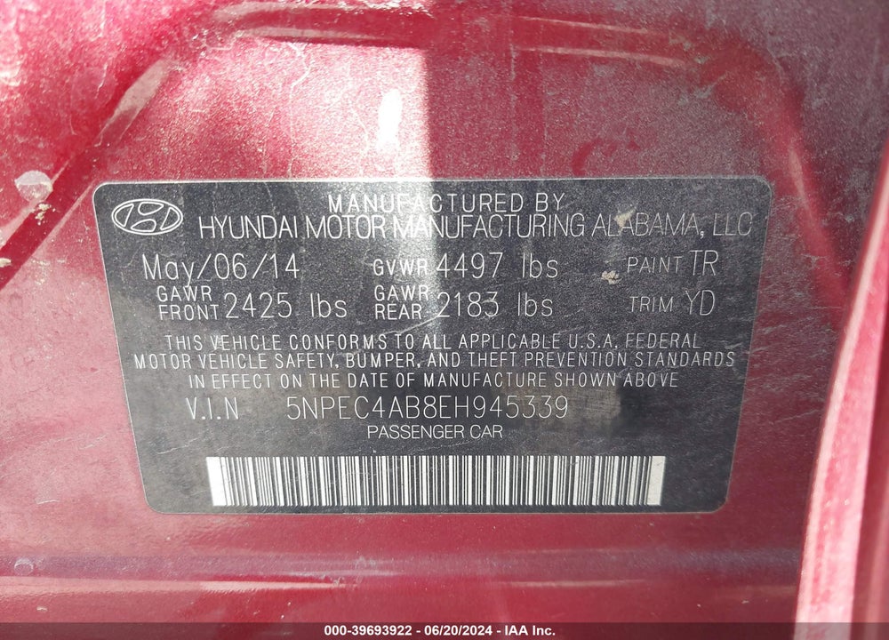 2014 HYUNDAI SONATA LIMITED 2.0T VIN: 5NPEC4AB8EH945339