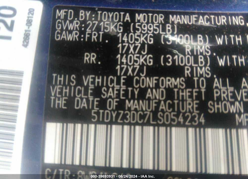 2020 TOYOTA SIENNA XLE VIN: 5TDYZ3DC7LS054234