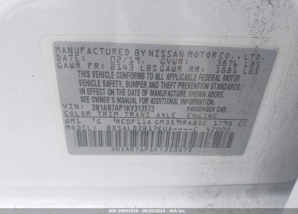 2019 NISSAN SENTRA SV VIN: 3N1AB7AP1KY313573