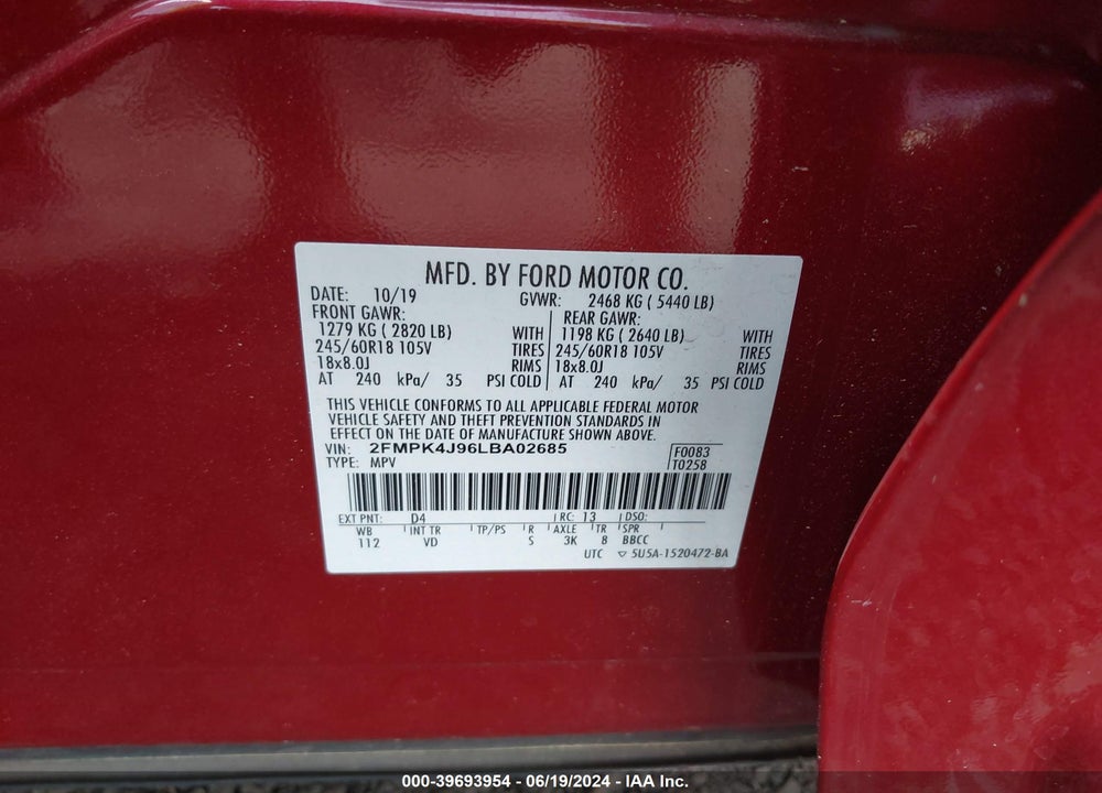 2020 FORD EDGE SEL VIN: 2FMPK4J96LBA02685