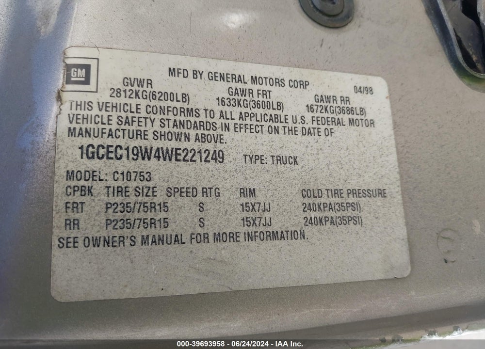 1998 CHEVROLET C1500 FLEETSIDE VIN: 1GCEC19W4WE221249