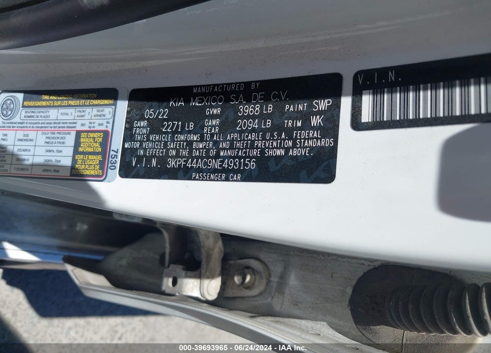 2022 KIA FORTE GT VIN: 3KPF44AC9NE493156