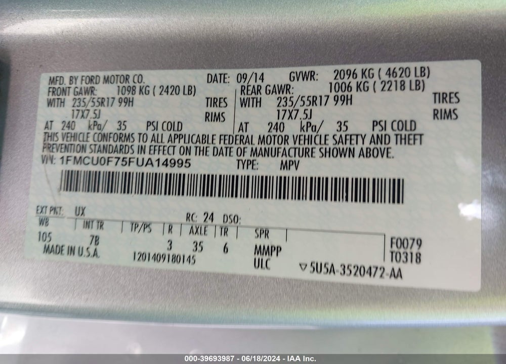 2015 FORD ESCAPE S VIN: 1FMCU0F75FUA14995