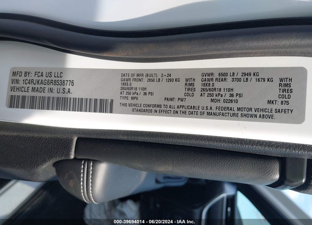 2024 JEEP GRAND CHEROKEE L LAREDO X 4X4 VIN: 1C4RJKAG6R8538776