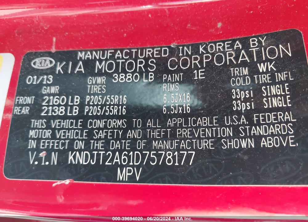 2013 KIA SOUL VIN: KNDJT2A61D7578177