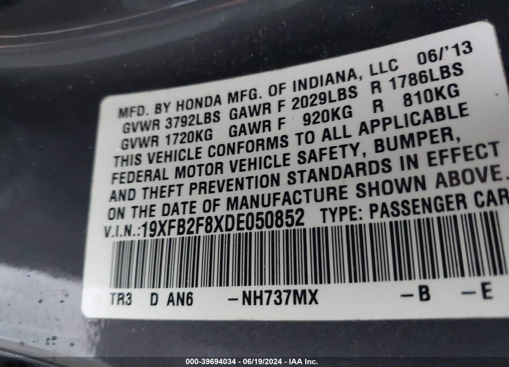 2013 HONDA CIVIC EX VIN: 19XFB2F8XDE050852