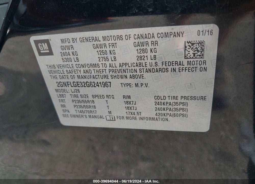 2016 CHEVROLET EQUINOX VIN: 2GNFLGE32G6241967