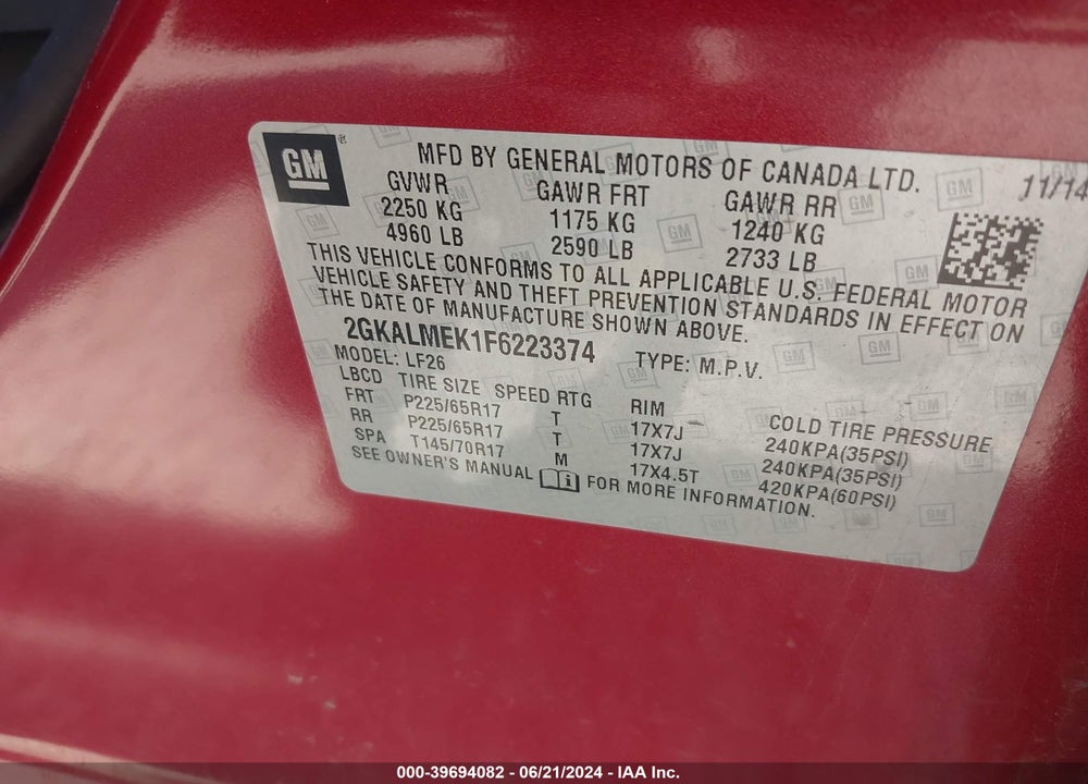 2015 GMC TERRAIN VIN: 2GKALMEK1F6223374