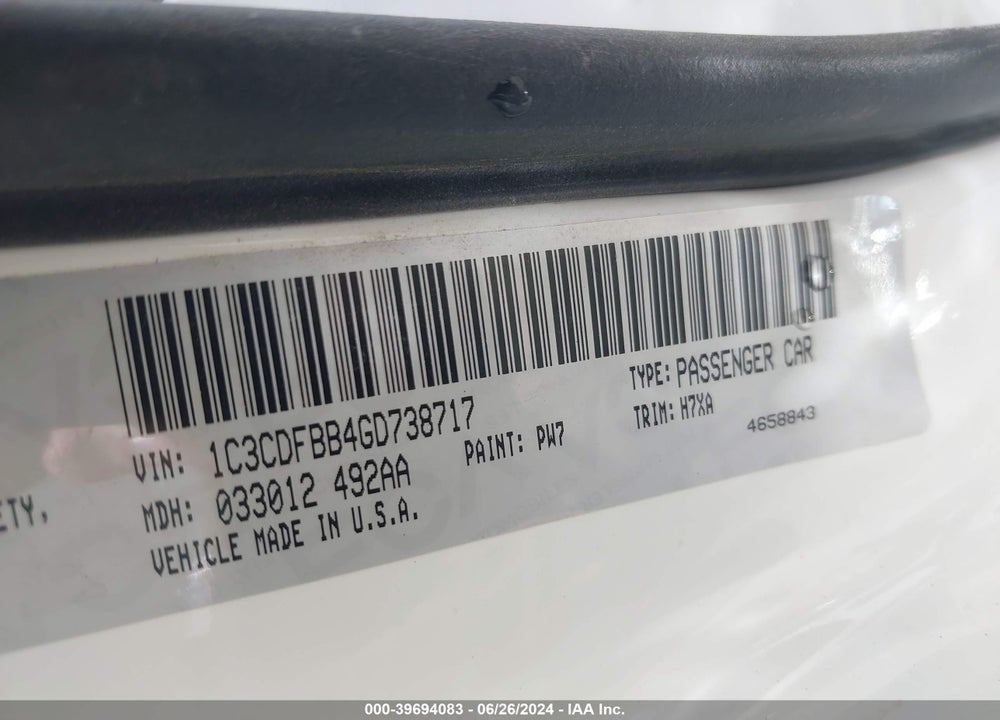 2016 DODGE DART SXT VIN: 1C3CDFBB4GD738717
