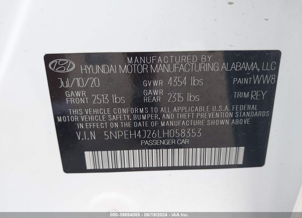 2020 HYUNDAI SONATA LIMITED VIN: 5NPEH4J26LH058353