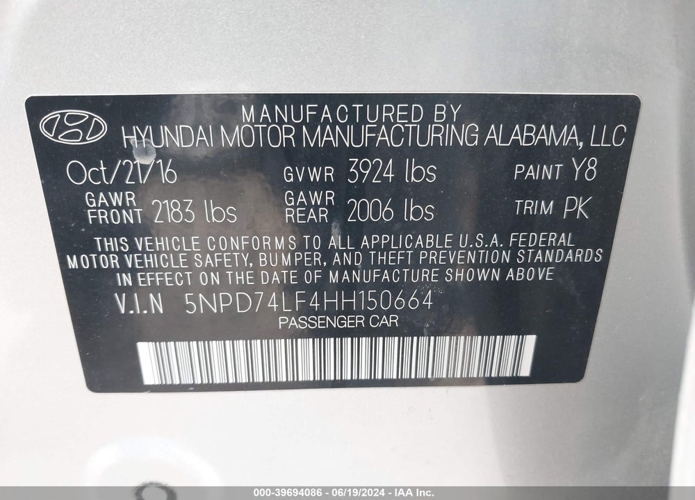 2017 HYUNDAI ELANTRA SE VIN: 5NPD74LF4HH150664