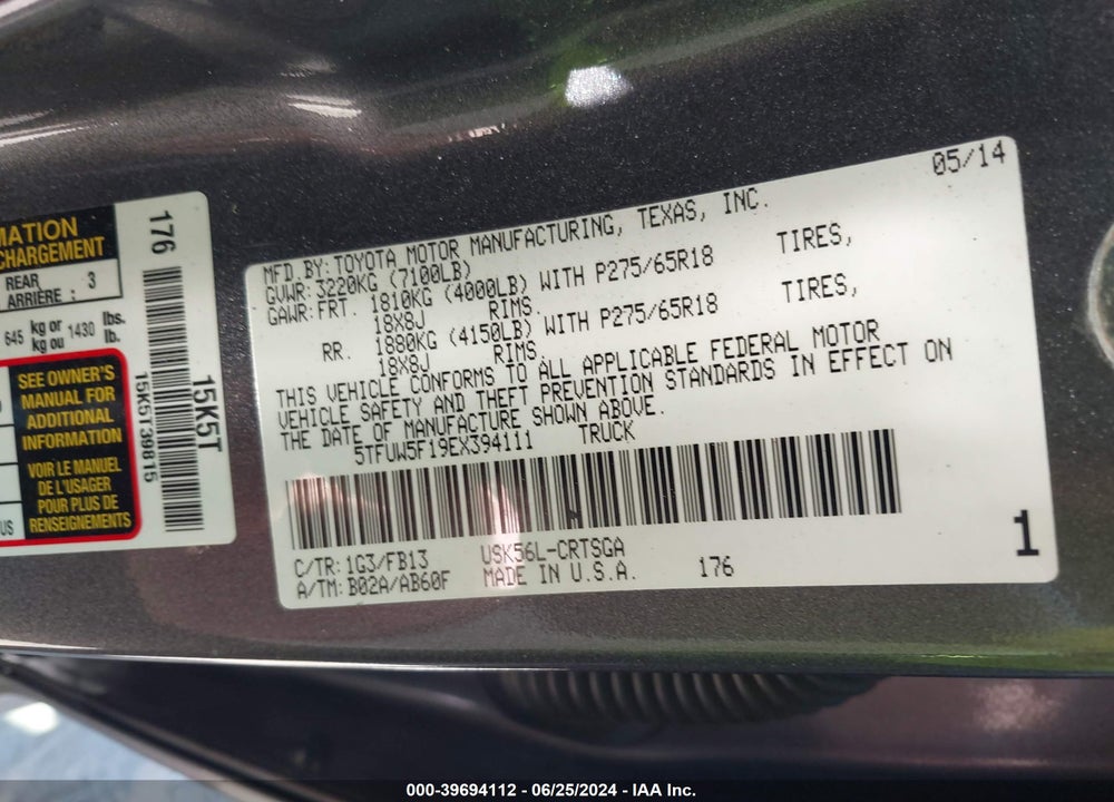 2014 TOYOTA TUNDRA SR5 5.7L V8 VIN: 5TFUW5F19EX394111