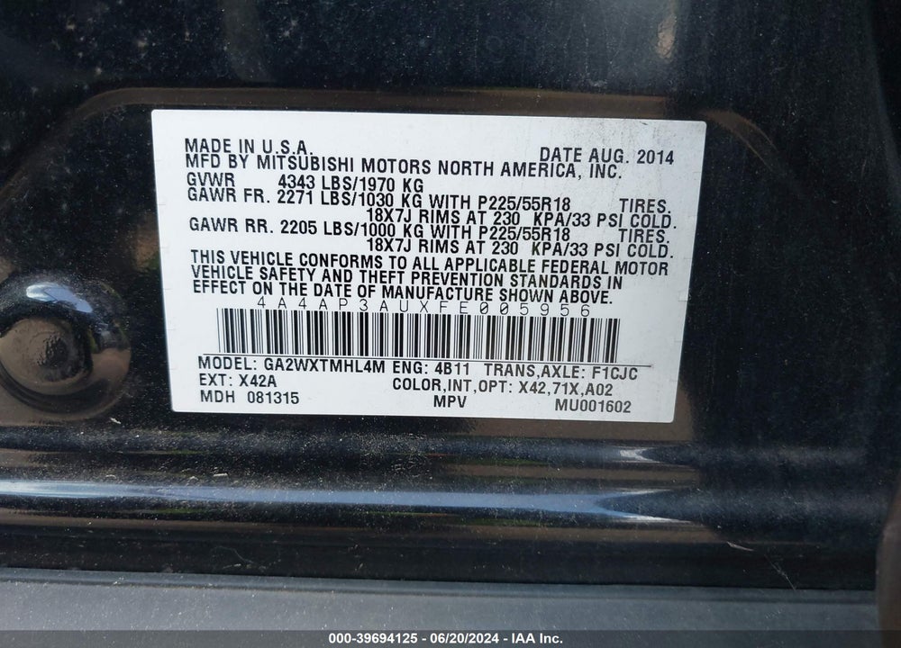 2015 MITSUBISHI OUTLANDER SPORT ES VIN: 4A4AP3AUXFE005956