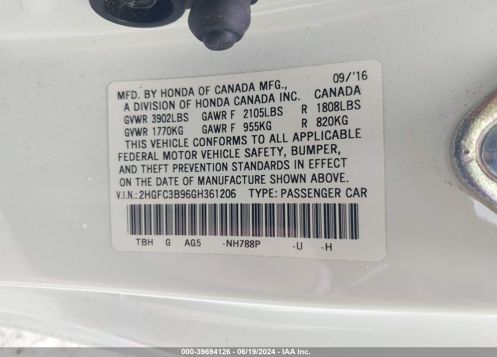 2016 HONDA CIVIC TOURING VIN: 2HGFC3B96GH361206